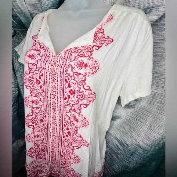 Croft & Barrow White Pink Bohemian V-Neck Boho T-Shirt Blouse Top ~ X-Large - Picture 10 of 10